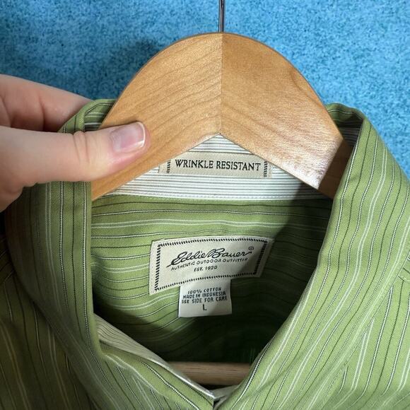 Eddie Bauer Men’s L Wrinkle-Free Green Button Down Shirt Cotton Long Sleeve - Picture 8 of 16